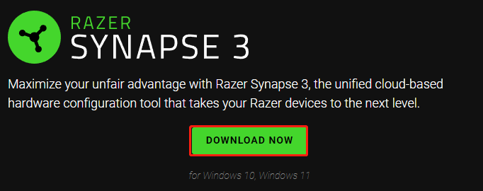 click Download Now on the Razer Synapse download page
