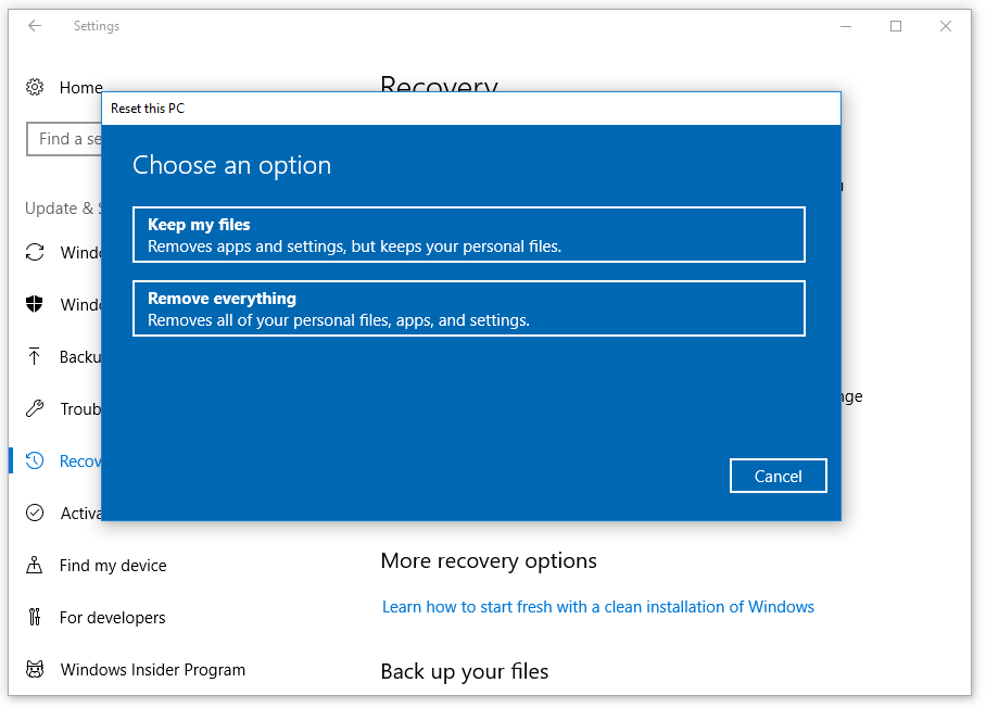 choose Keep my files or Remove everything