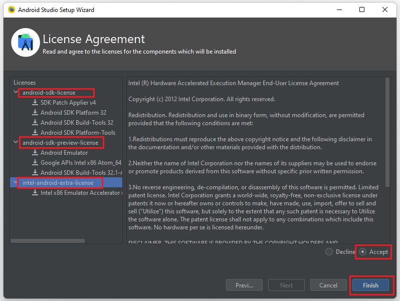 click Accept for each license one by one