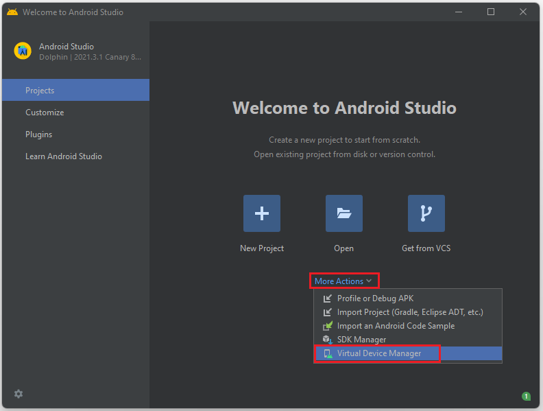 click Virtual Device Manager from More Actions to create virtual device