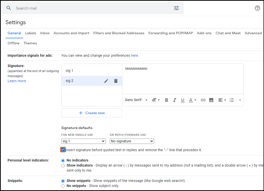 gmail signature settings
