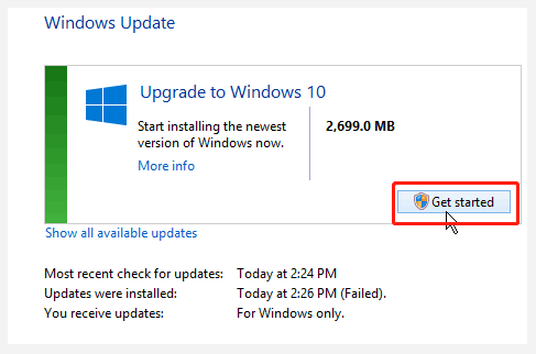 click on Get started to upgrade to Windows 10