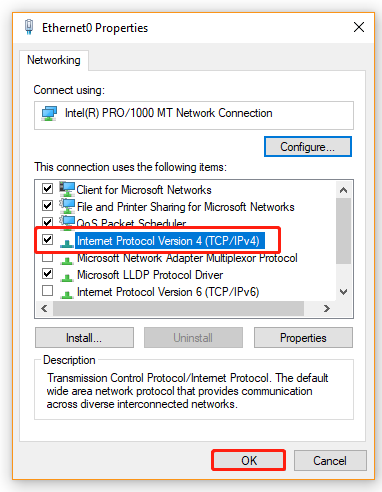 select IPv4 in Network Properties