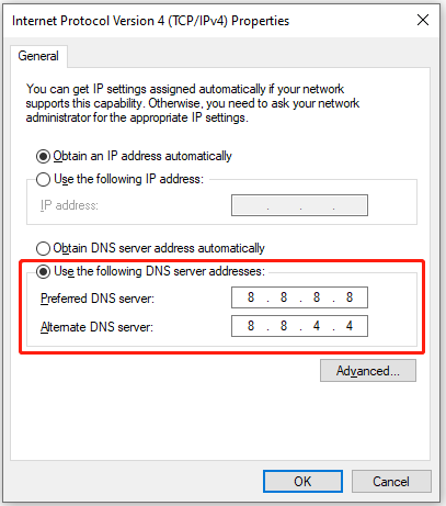 type DNS server addresses