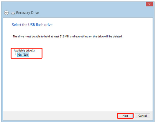 select the USB in the Recovery Drive window