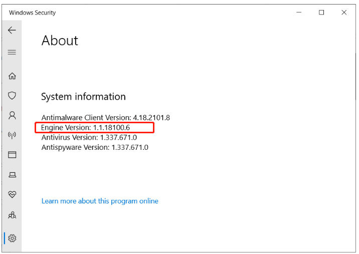 check Windows Defender antivirus engine version