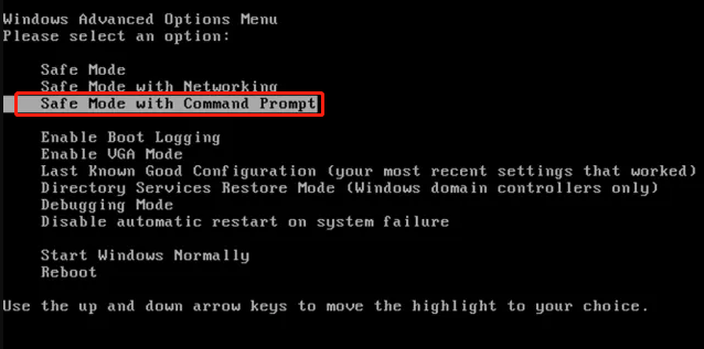 select Safe Mode with Command Prompt