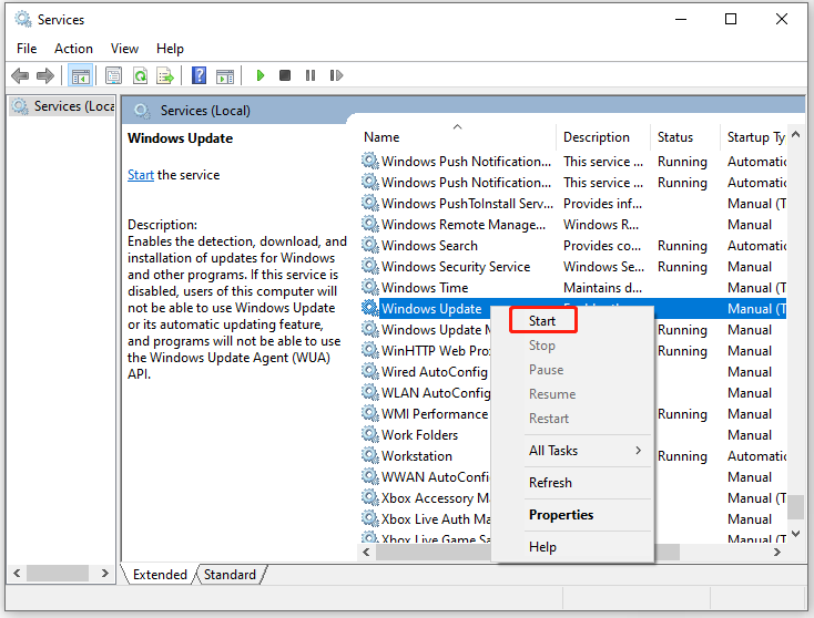 Enable the Windows Update service
