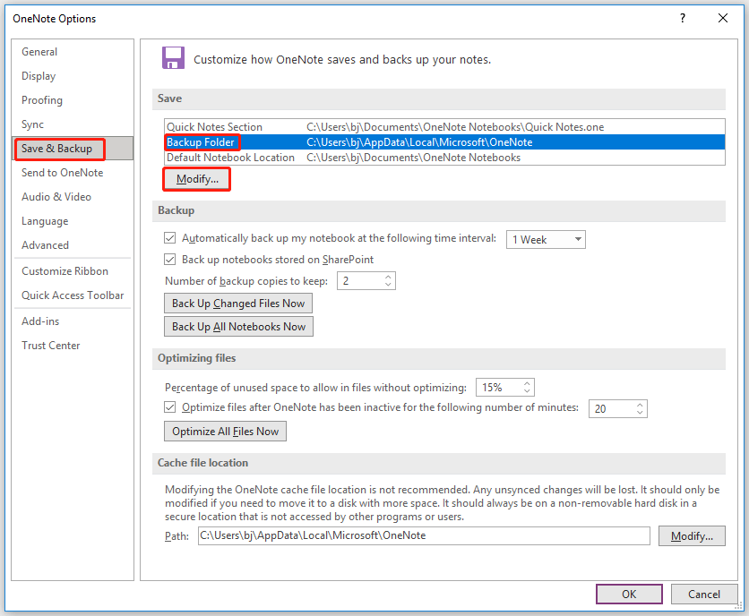 modify the location of OneNote backup folder