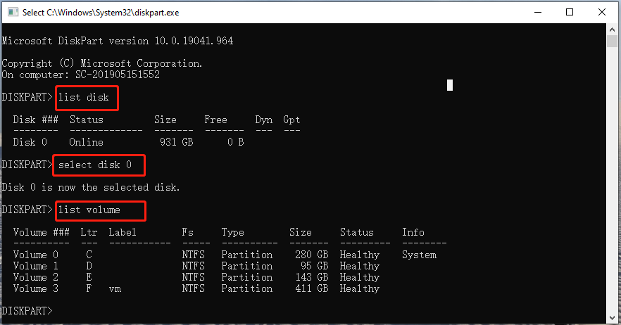 list drives using diskpart in Command Prompt