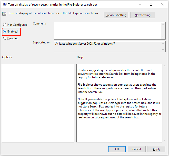 turn off display of recent search entries