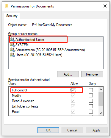 select full control for permissions