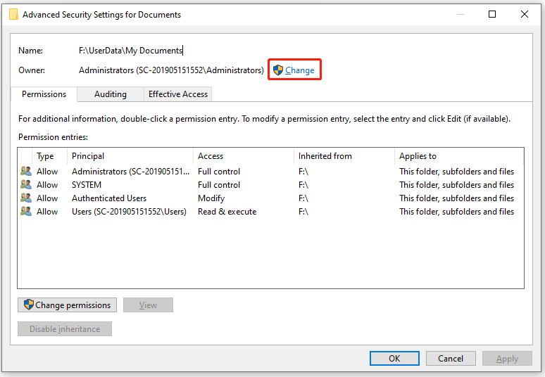 click Change in the Advanced Security Settings window