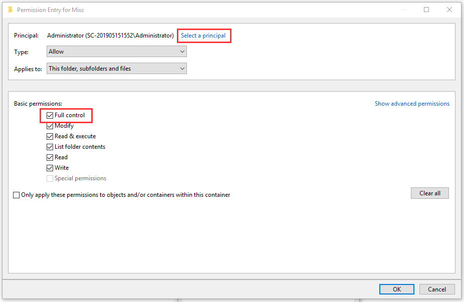 select Full control in Permissions window