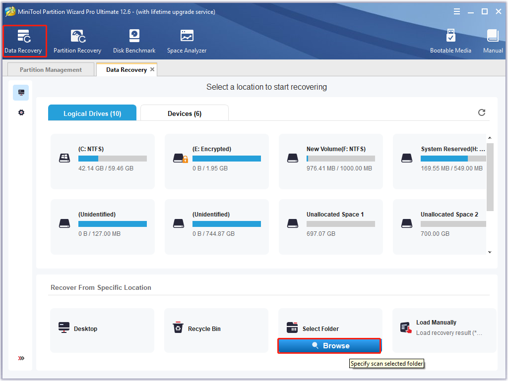 click Data Recovery on MiniTool Partition Wizard
