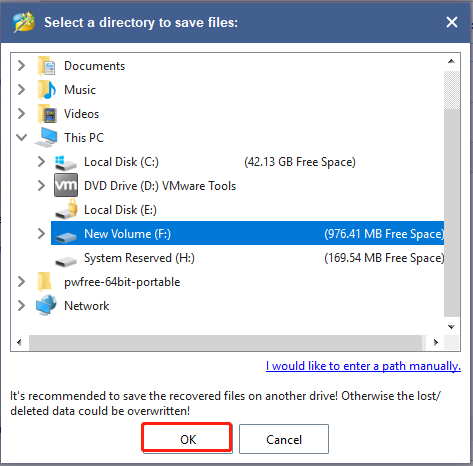 select a location to save the restored data in MiniTool