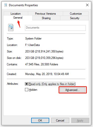 click on Advanced in Document Properties