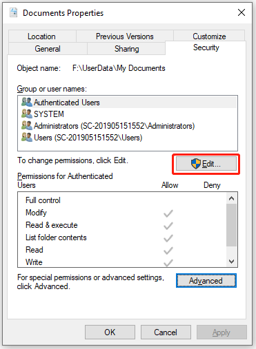 go to the Security tab and click Edit