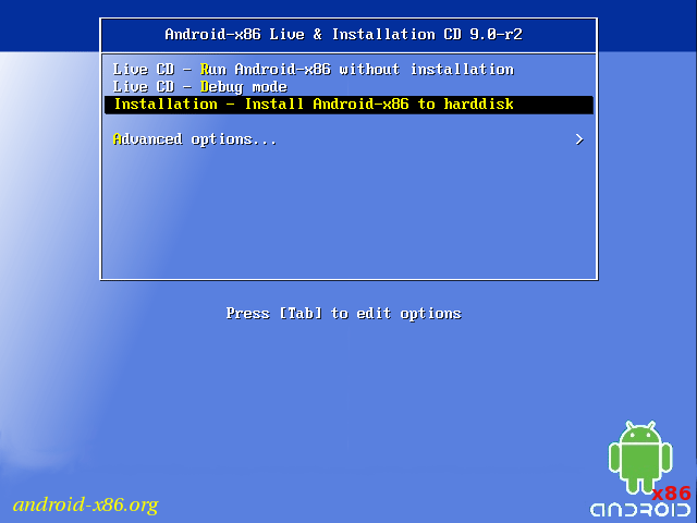 start Android x86 installation