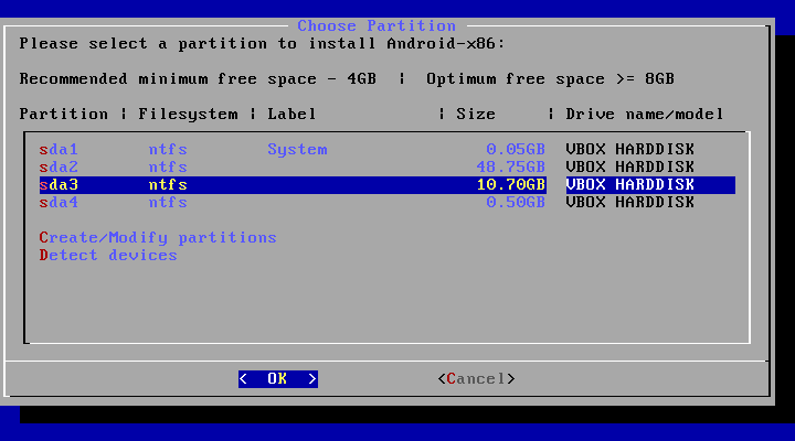 select a partition to install Android