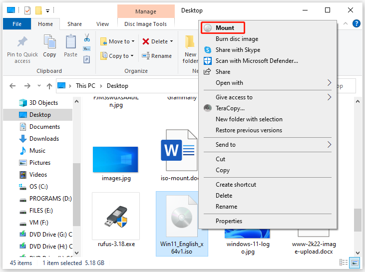 click the Mount option in the context menu