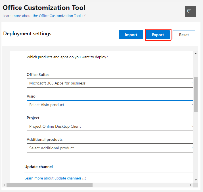export the configuration file of Office 365