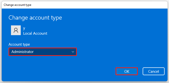 Change account type as administrator