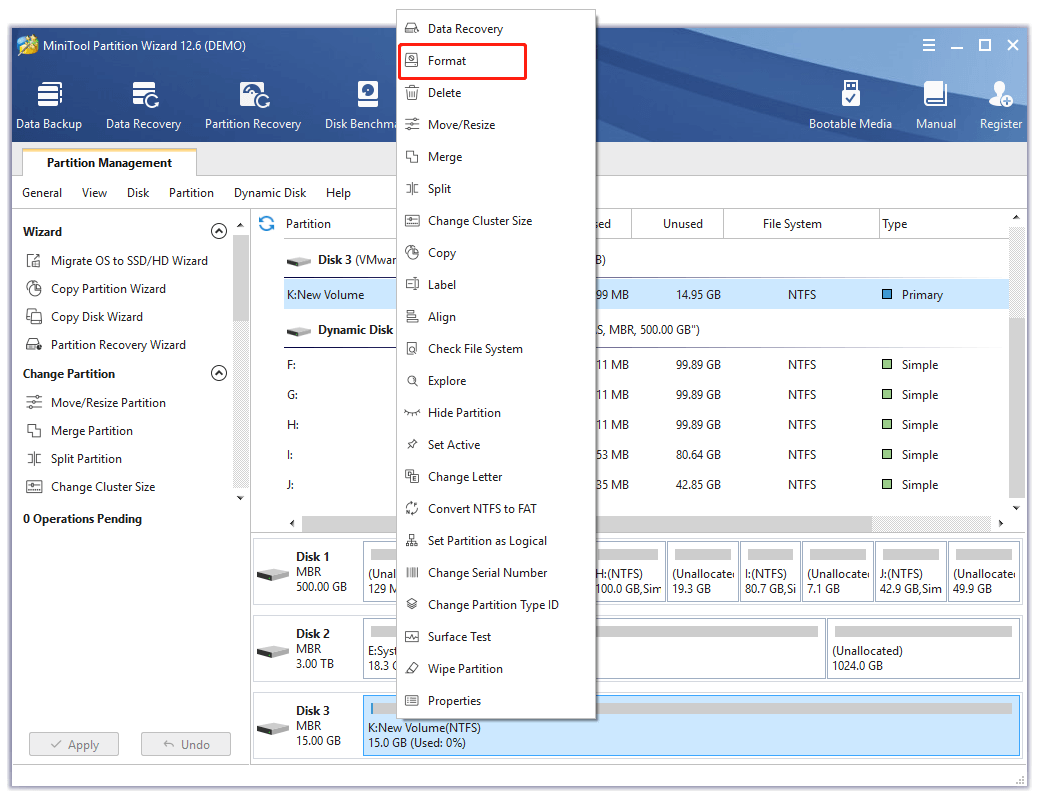 right-click the target disk and select Format