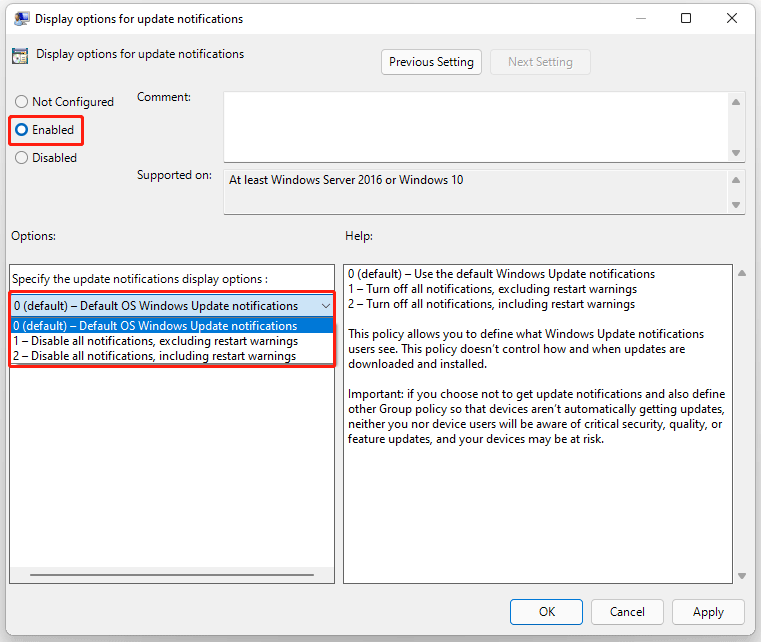 enable display options for update notifications