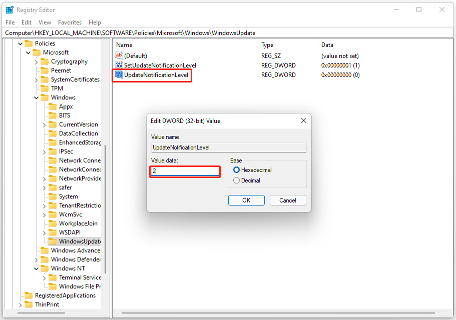 newly create the Value name and set its Value data