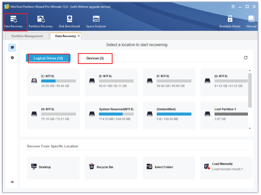 click and enter the Data Recovery page