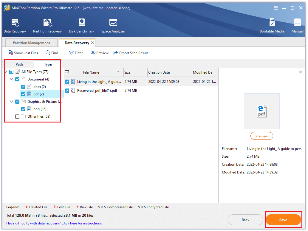 check the files you want to recover