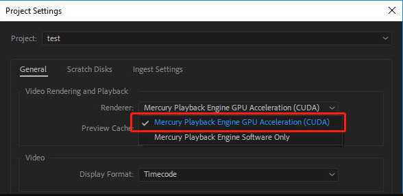 select Mercury Playback Engine GPU Acceleration on Premiere Pro