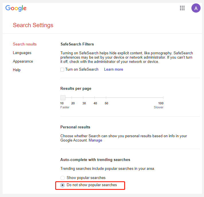 select Do not show popular searches
