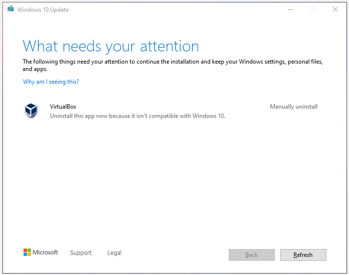 VirtualBox needs to be uninstalled to update Windows 10
