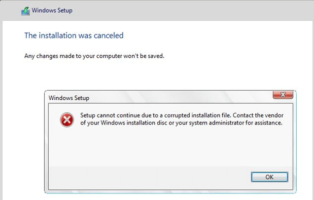 Windows 10 setup cannot continue due to a corrupted installation file