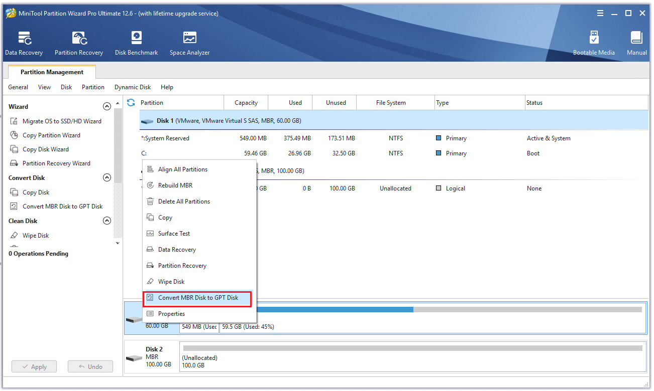 right-click the disk and click Convert MBR Disk to GPT Disk from the menu
