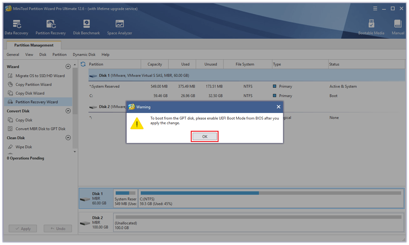 click OK button to confirm the Warning