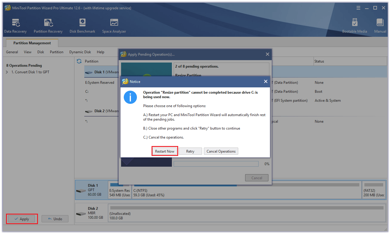 click Apply to execute the change and click Restart Now to continue