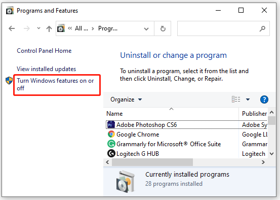 Turn Windows features on or off