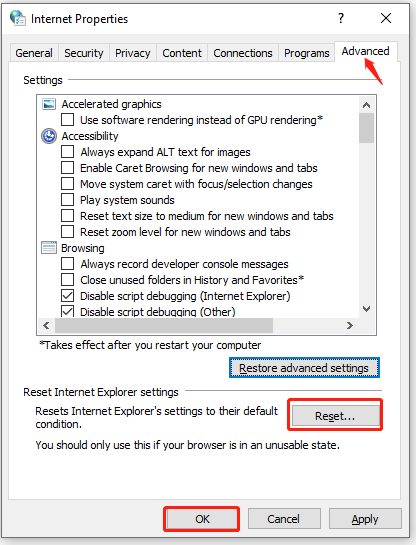 reset IE settings