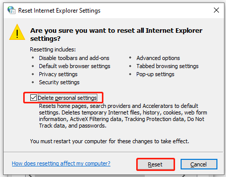 delete personal settings for IE