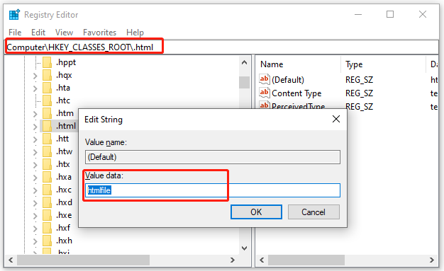 change html file association in Registry Editor