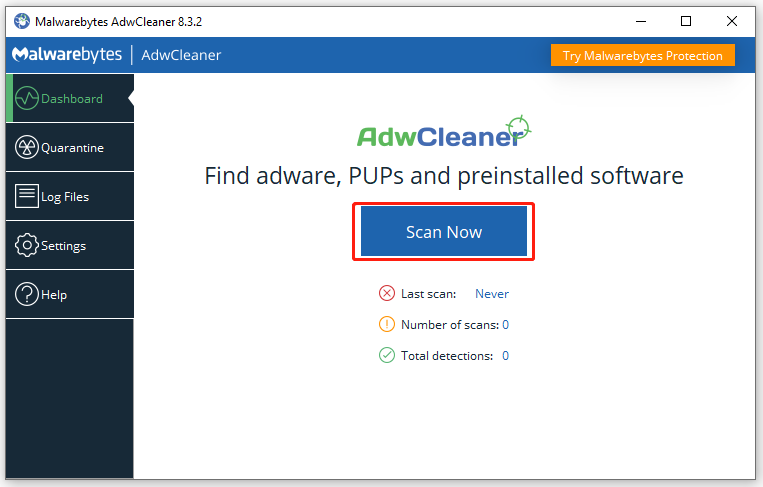 click Scan Now in Malwarebytes AdwCleaner