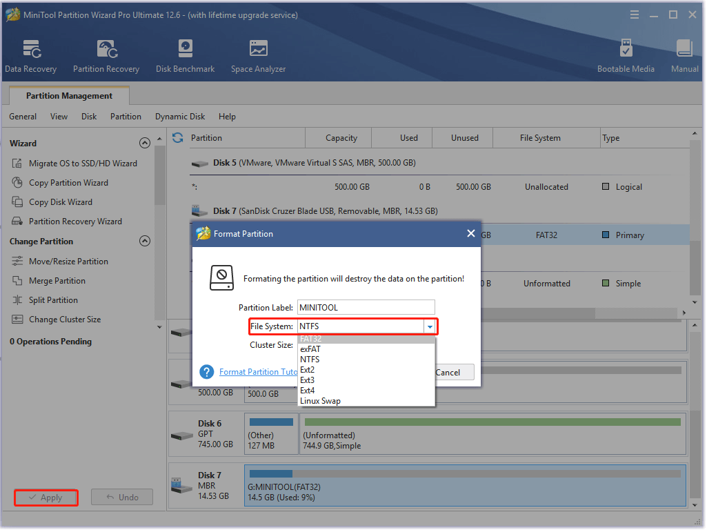 format a USB drive using the MiniTool software