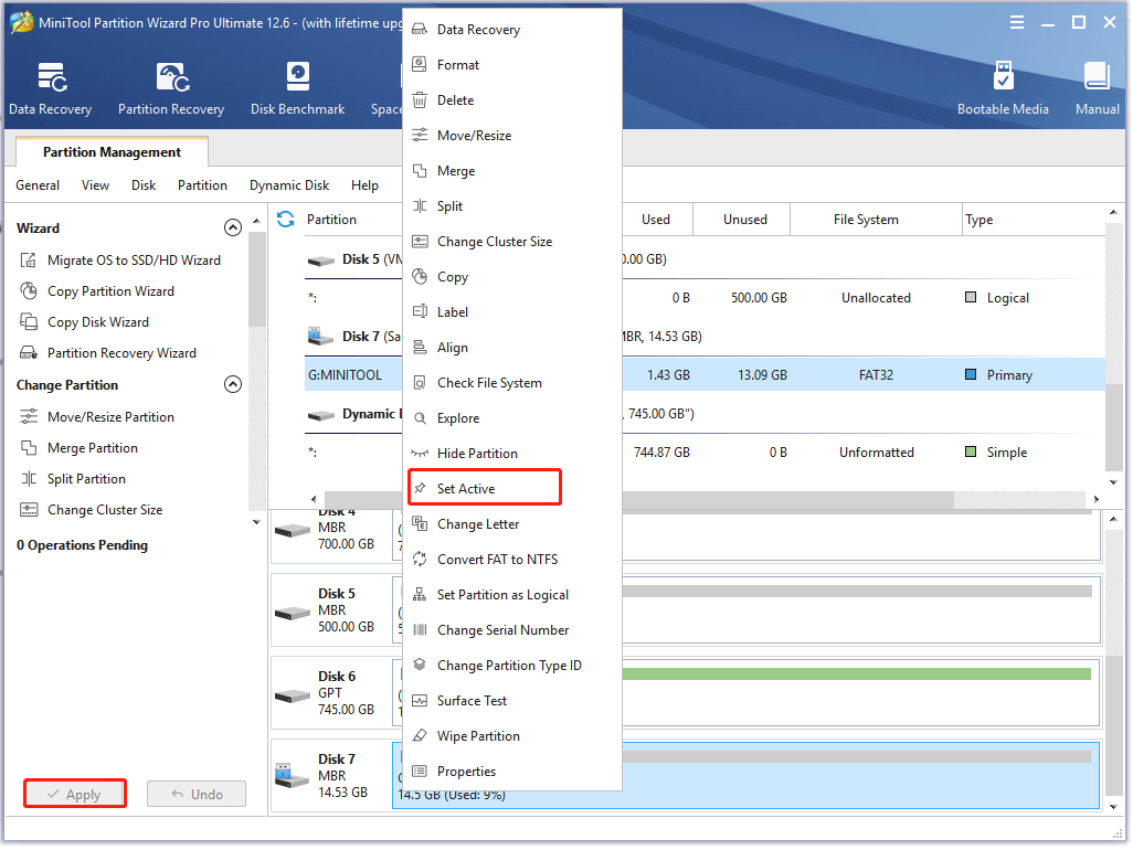 set a drive active using the MiniTool software