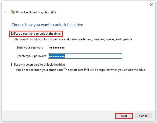 enter passwords for the BitLocker external drive