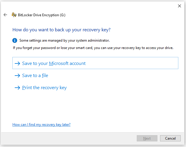 select a location to save the BitLocker recovery key