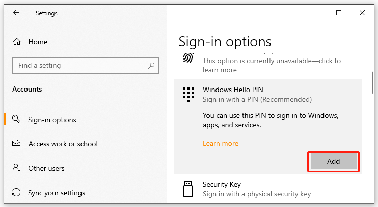 click Add under Windows Hello PIN
