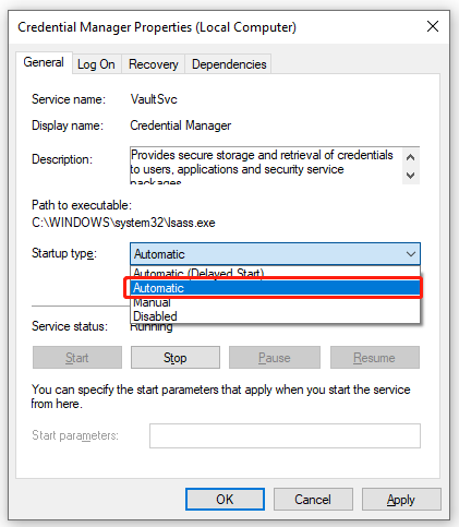 change the Startup type of Credential Manager to automatic